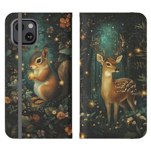 Portefeuille enchanté avec un cerf et un écureuil, porte-cartes à rabat, étui pour téléphone Iphone 16 15 14 13 Pro Max, Samsung Galaxy S24 S23 S22 21 Plus Ultra