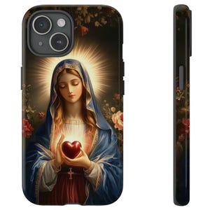 Sacred Heart Jungfrau Maria religiöse Kunst Handytasche für iPhone 16 15 14 13 12 XS Pro Max Plus, Galaxy S24 S23 22 Ultra Plus Christianity Geschenk