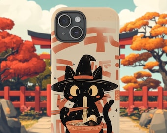 Uroczy czarny czarodziej jedzący ramen, etui na telefon dla miłośników zwierząt anime na iPhone'a 16 15 14 13 Pro Max Samsung Galaxy S24 S23 S22 S21 Plus Ultra