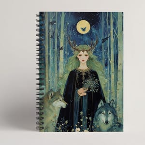 Norse Pagan Goddess Jord Spiral Notebook, Mythology Journal with Wolves and Ravens, Scandinavian Forest Art, Mystical Pagan Stationery