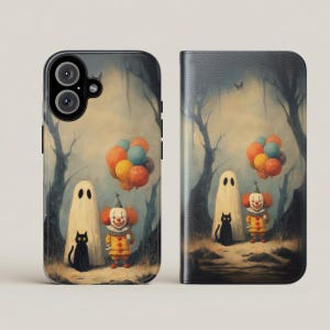 May include: A phone case and wallet case featuring a whimsical Halloween scene. A ghost, clown, and black cat are depicted in a forest setting, with colorful balloons. The cases have a dark, atmospheric background.
