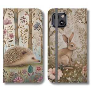 Portefeuille Lapin et Hérisson Forêt Enchantée Porte-cartes Etui pour téléphone Iphone 15 14 13 12 Pro Max Samsung Galaxy S24 S23 S22 S21 Plus Ultra