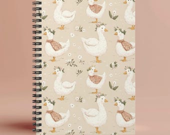 Cute Goose Spiral Notebook, Cottagecore Duck Journal with Flowers, Aesthetic Farm Animal Stationery Gift, Journal notebook, Journal cover,A5