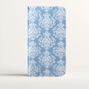 Elegancki niebieski portfel z damaszku, etui na karty, etui na telefon iPhone 16 15 Pro Max Galaxy S25 S24 Plus Ultra Pixel, zabytkowa francuska estetyka barokowa