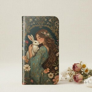 Medieval Fairytale Art woman and Bunny Wallet Flip Card Holder Phone Case for Iphone 16, 15 Pro, Galaxy S25 S24 Ultra, Whimsical Nature Gift