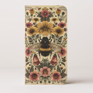 Vintage Bee and Floral Retro Botanical Design Wallet Flip Card holder Phone Case Iphone 13 12 Mini Pro Max Samsung Galaxy S22 S21 Plus Ultra