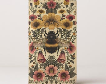 Vintage Bee and Floral Retro Botanical Design Wallet Flip Card holder Phone Case Iphone 13 12 Mini Pro Max Samsung Galaxy S22 S21 Plus Ultra