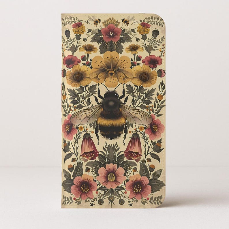 Vintage Bee and Floral Retro Botanical Design Wallet Flip Card holder Phone Case iPhone 13 12 Mini Pro Max Samsung Galaxy S22 S21 Plus Ultra image 3