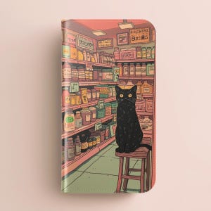Schwarze Katze im Japanischen Convenience Store Brieftasche Kartenhalter Fall Iphone , Samsung Galaxy S25 S24 Anime Style Illustration, Kawaii Cat Art