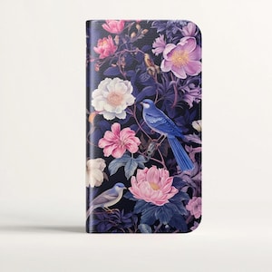 Capa de celular com design floral vintage e botânico, estilo pássaro elegante, carteira flip, porta-cartões, iPhone 13, 12 Mini Pro Max, Samsung Galaxy S22, S21 Plus Ultra