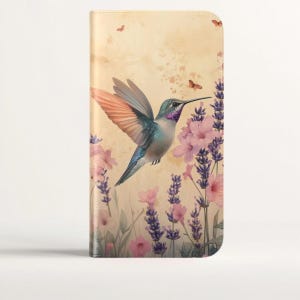 Hummingbird Vintage Lavender Wallet Card Holder Phone Case para iPhone 16 15 Pro Max Galaxy S25 S24 Plus Ultra, Pixel, presente botânico para ela