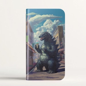 Custodia per telefono con portafoglio a forma di Kaiju divertente, Godzilla che mangia il gelato, stile anime retrò, porta carte Galaxy S25 S24 Plus Ultra, iPhone 16 15 Pro Max,