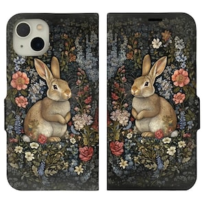 William Morris Style Kaninchen Wildblumen Retro botanische Design Brieftasche Flip Kartenhalter Handytasche Iphone 16 Pro Max Galaxy S25 S24 Plus Ultra