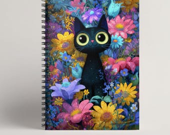 Carnet de notes chat noir, journal chat mignon, cadeau esthétique pour amoureux des chats, journal à spirales fleurs colorées, cadeau de papeterie chat kawaii, art chat noir