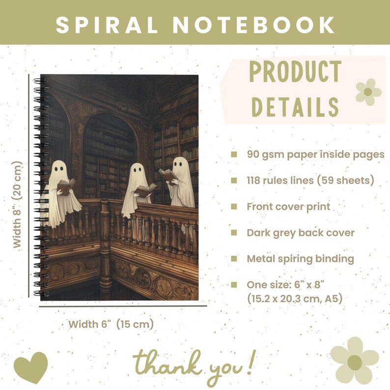 May include: Spiral notebook with a front cover print featuring three ghost figures reading in a library. The notebook is 6" x 8" (15.2 x 20.3 cm) with a metal spiral binding and dark grey back cover. The notebook has 118 ruled lines.