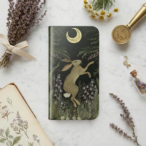 Moonlit Woodland Rabbit Wallet Phone Case with Floral Night Garden Art