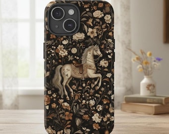 Medieval Horse in Floral Tapestry - Vintage Fantasy Magsafe Phone Case iPhone 15 14  XR Pro Max Samsung S24 S23 Horse Lover Equestrian Gift
