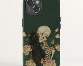 Gothic Cat and Skeleton Floral Magsafe Touch Phone Case iPhone 16 15 14 13 Pro Max Samsung S24 S23 S20 Ultra, Cat Mom Gift, Halloween Gifts