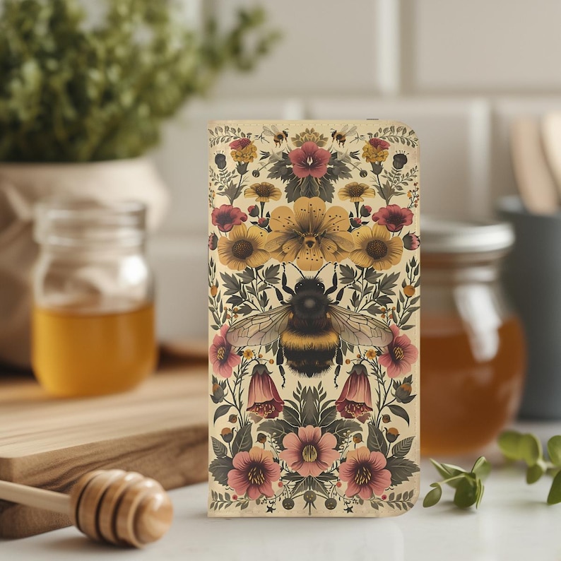 Vintage Bee and Floral Retro Botanical Design Wallet Flip Card holder Phone Case iPhone 13 12 Mini Pro Max Samsung Galaxy S22 S21 Plus Ultra image 2