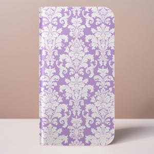 Elegancki fioletowy portfel z damaszku, etui na karty, etui na telefon iPhone 16 15 Pro Max Galaxy S25 S24 Plus Ultra Pixel, francuska estetyka ozdobna