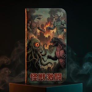 Pode incluir: Uma capa de telefone com uma ilustração colorida de quatro monstros em um cenário urbano. Os monstros incluem uma criatura semelhante a um tubarão, um robô com chifres, um monstro com tentáculos e uma criatura semelhante a Godzilla. O texto japonês "Monster Battle" está na parte inferior.