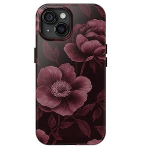 Coque de portable classique et élégante à fleurs bordeaux pour iPhone 16 15 14 13 12 XS Pro Max Plus, Galaxy S24 S23 22 Ultra Plus, Esthétique de la coque de portable