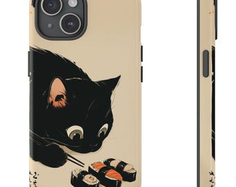 Funda para teléfono con diseño de gato kawaii comiendo sushi, diseño de gatito lindo, para amantes de las mascotas, para iPhone 16, 15, 14, 13 Pro Max, Samsung Galaxy S24, S23, S22, S21 Plus, Ultra