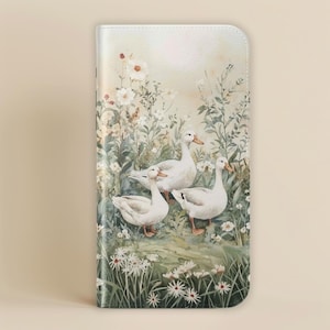 Cottagecore Duck Wallet Card Holder Custodia per telefono per iPhone 16 15 Pro Max Galaxy S25 S24 Plus Ultra, Pixel Whimsical Nature Watercolor Design