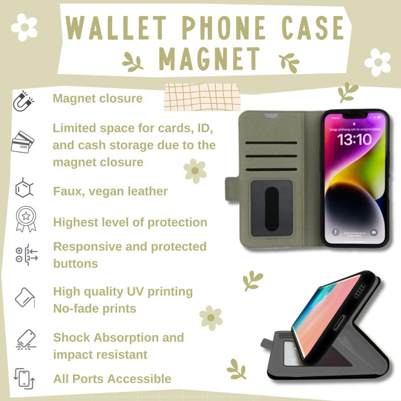 Vintage Bee and Floral Retro Botanical Design Wallet Flip Card holder Phone Case iPhone 13 12 Mini Pro Max Samsung Galaxy S22 S21 Plus Ultra image 9