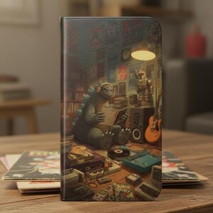 May include: A phone case featuring a detailed illustration of Godzilla wearing headphones and reading, surrounded by vintage electronics and a guitar. The design has a retro, pop culture theme with a warm color palette.