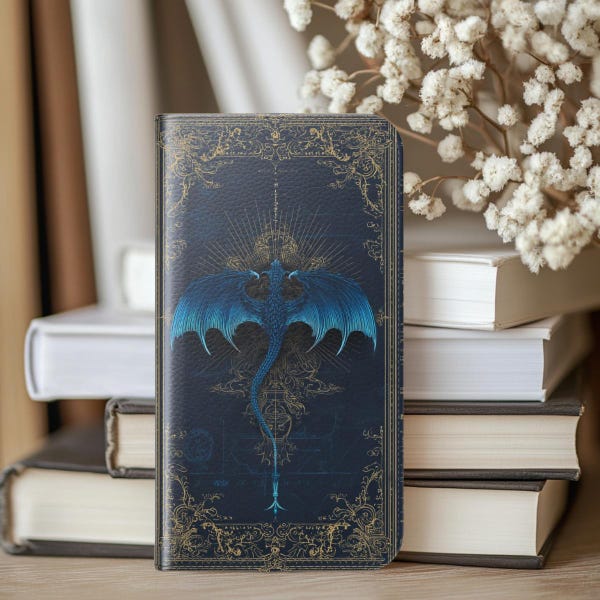 Blue Dragon Phone Case, Gold Ornate Fantasy iPhone Samsung Cover, Bookish Dragon Gift, Knightcore Castlecore Aesthetic Accessory
