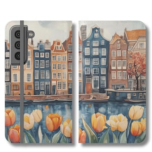 Estuche para teléfono con tarjetero y billetera con diseño de casas en los canales de Ámsterdam en acuarela, para iPhone 15, 14, Mini Pro, Samsung Galaxy S22, S21 Plus Ultra, regalo de tulipán