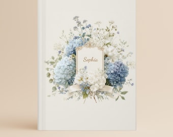 Personalized Hydrangea Journal, Custom Name Hardcover Notebook, Floral Wedding Guest Book, Bridesmaid Gift, Elegant Keepsake Journal
