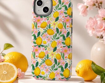 Lemon Blossom Floral Phone Case, Vibrant Citrus & Pink Flower Pattern