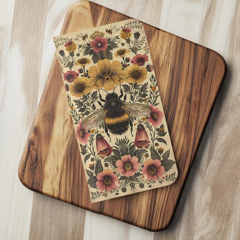 Vintage Bee and Floral Retro Botanical Design Wallet Flip Card holder Phone Case iPhone 13 12 Mini Pro Max Samsung Galaxy S22 S21 Plus Ultra image 5