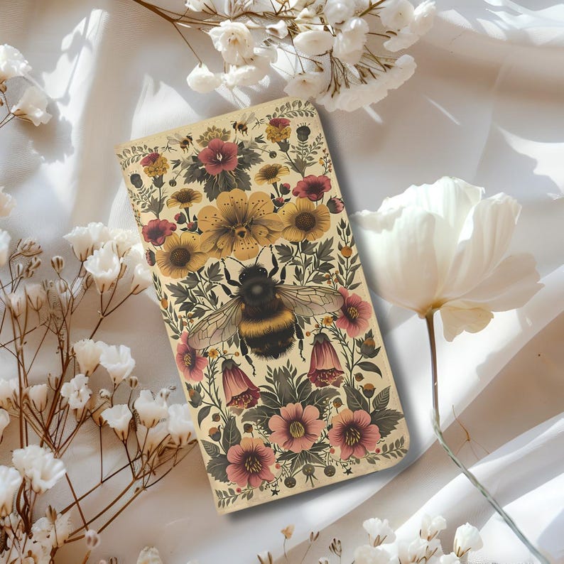 Vintage Bee and Floral Retro Botanical Design Wallet Flip Card holder Phone Case iPhone 13 12 Mini Pro Max Samsung Galaxy S22 S21 Plus Ultra image 4