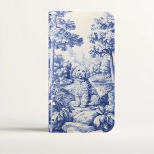Custodia per telefono con porta carte di credito Blue Toile Labradoodle per iPhone 16 15 Pro Max Galaxy S25 S24 Plus Ultra Pixel, regalo per amanti dei cani, Goldendoodle