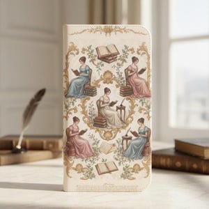 May include: Cream-colored phone case featuring a repeating pattern of women in pastel gowns reading books. The design includes ornate gold floral accents and open books. The overall aesthetic is reminiscent of a vintage, classical style.