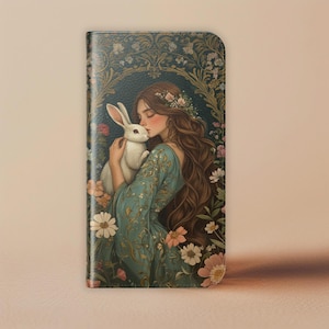 Funda para teléfono con tarjetero y billetera con diseño de mujer y conejito de arte de cuento de hadas medieval para iPhone 16, 15 Pro, Galaxy S25 S24 Ultra, regalo de naturaleza caprichosa