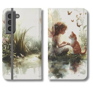 Capa tipo carteira com estampa de gato e fada da floresta encantada para iPhone 15, 14, 13, 12 Mini Pro Max, Samsung Galaxy S24, S23, S21 Plus e Note 20, presentes para mães e gatos