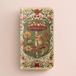 Art populaire souris et champignons, étui pour portable, porte-cartes, Galaxy Plus Ultra, iPhone Pro Max, animal de la forêt avec bordure florale