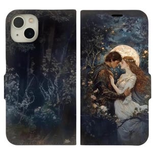 Capa carteira com arte romântica encantadora para amantes ao luar, porta-cartões, iPhone 16, 15, 14, 13 Mini Pro Max, Samsung Galaxy S24, S23, S22, 21 Plus Ultra