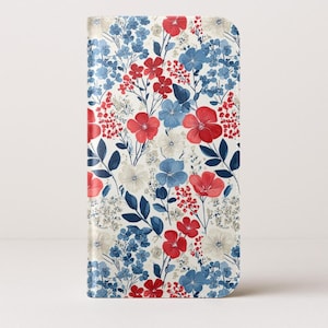 Étui pour portable portefeuille rouge, blanc et bleu, porte-cartes en cuir végétalien, Samsung Galaxy, motif fleur patriotique, Americana du 4 juillet