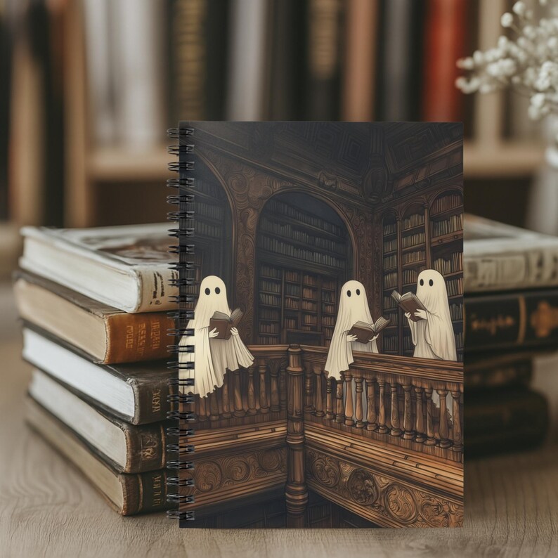 May include: Spiral-bound notebook featuring a spooky library scene with three ghost figures reading books. The cover art depicts a detailed wooden interior with bookshelves and a balcony. The ghosts are white with black eyes.