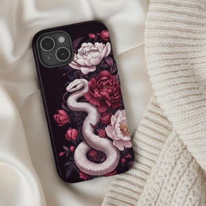 Elegant White Snake and Peony Floral Gothic Botanical Phone case for iPhone 16 15 14 13 12 XS Pro Max Plus, Galaxy S24 S23 22 Ultra Plus