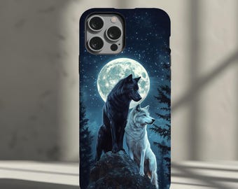 Wolves Under Full Moon, Celestial Night Forest Phone Case for iPhone 16 15 14 Pro, Galaxy S25 S24, Pixel, Nature inspired gift, Mystic gift