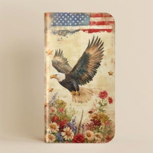 Étui pour portable portefeuille Patriotic Eagle, porte-cartes drapeau américain et fleurs sauvages, Galaxy Plus Ultra, iPhone 16 Pro Max, 4 juillet États-Unis