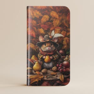 Custodia per telefono con porta carte Autumn Mouse Wallet per iPhone 16 15 Pro Max Galaxy S25 S24 Plus Ultra, Pixel, Cottagecore Woodland Animal Aesthetic