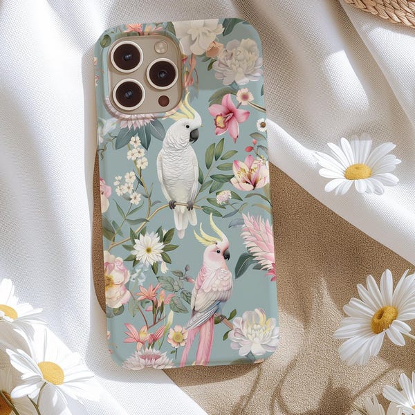 Elegante funda para teléfono con diseño de cacatúa y flores para iPhone 15, 14, 13, 12, 11 Pro Max, Pixel, Samsung Galaxy S24, S23, S21, idea de regalo tropical, regalo elegante para ella