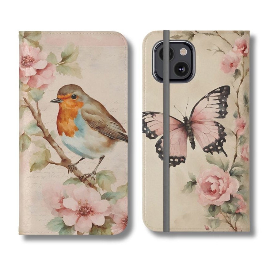 ShabbyChic 鳥と蝶の花柄ウォレットフリップケース iPhone 15 14 13 12